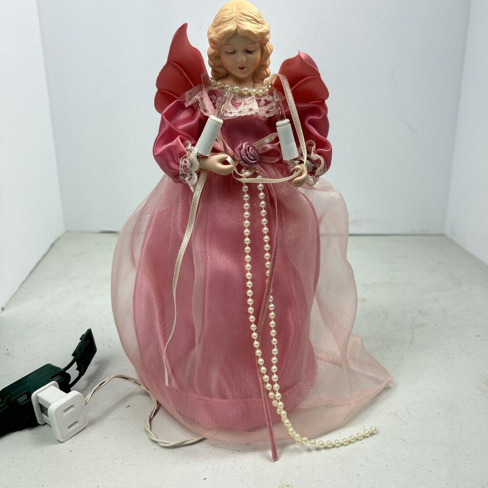 Angel Christmas Tree Topper Lighted Bisque Face‎ Pink Dress Flashing About 9"